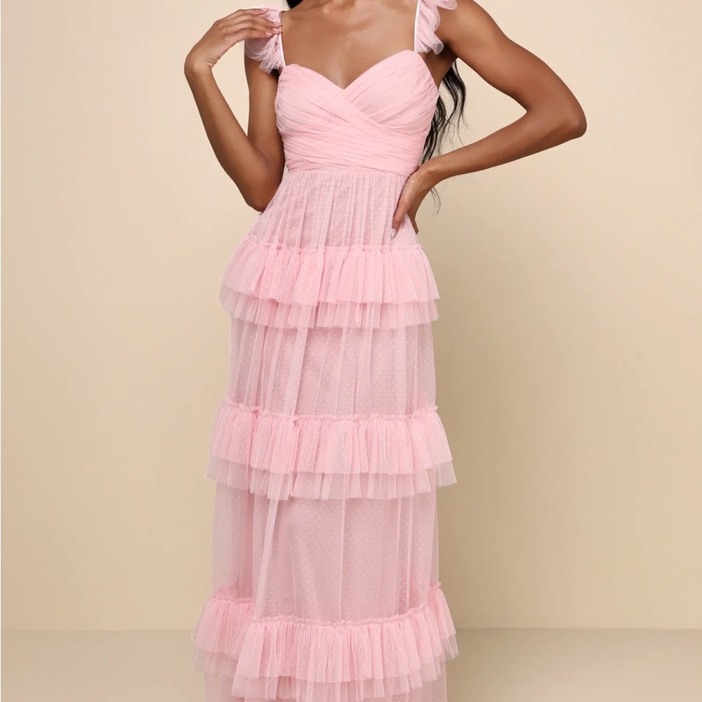 Lulu's Pure Radiance Pink Mesh Swiss Dot Tiered Maxi Dress